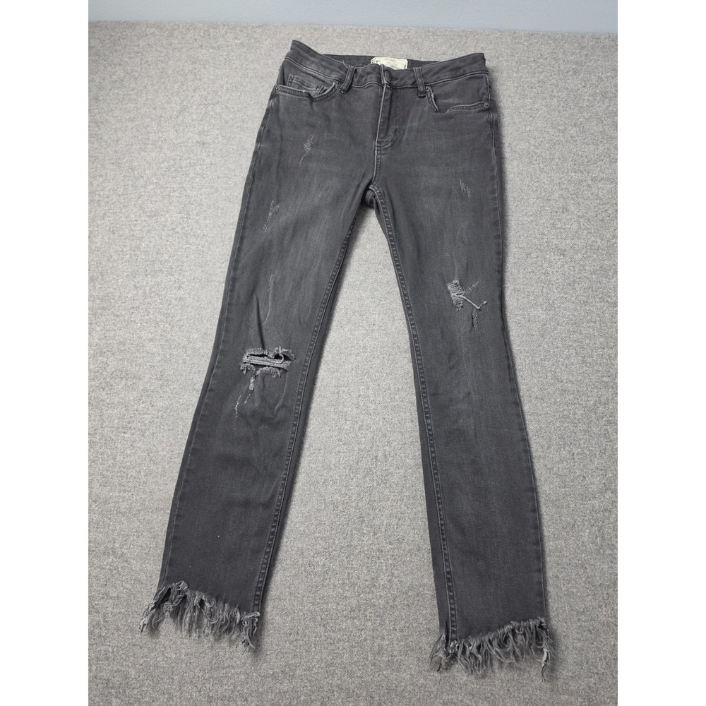 Free People Skinny Jeans Womens 26 Black Denim Stretch Distressed Frayed Hem